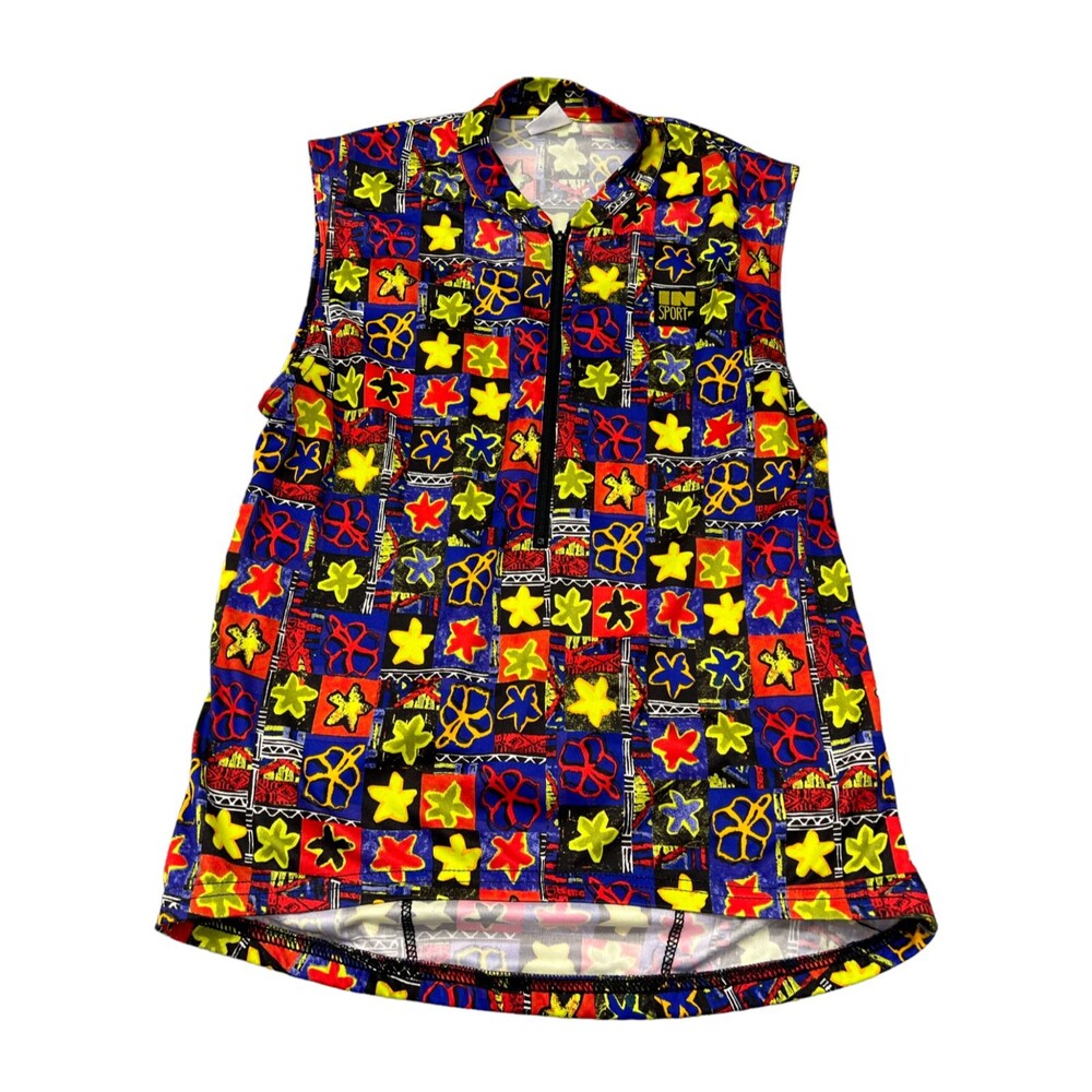 Vintage Insport Shirt Womens M Sleeveless Colorful Cycling Top Stretchy Pockets